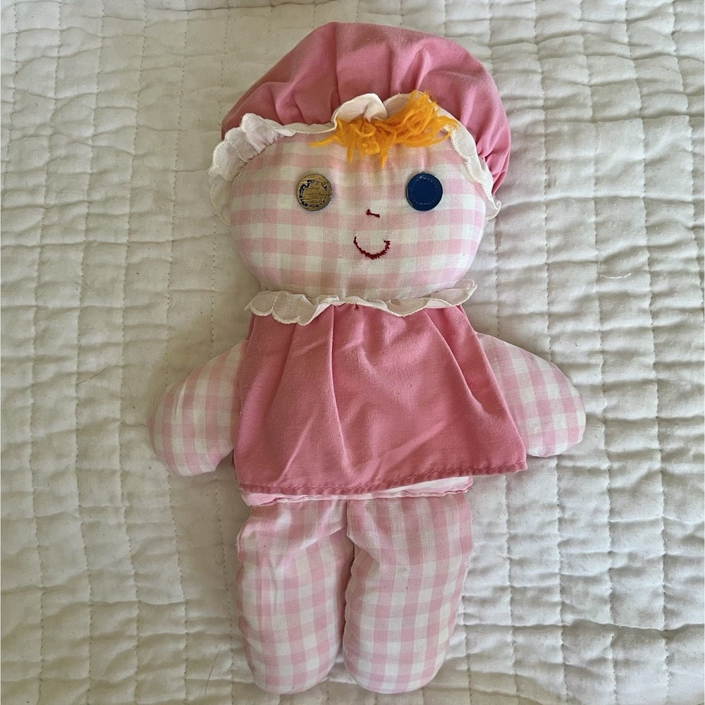 1975 Vintage Fisher Price Lolly Dolly Doll Check Gingham Rattle #420 12" Read